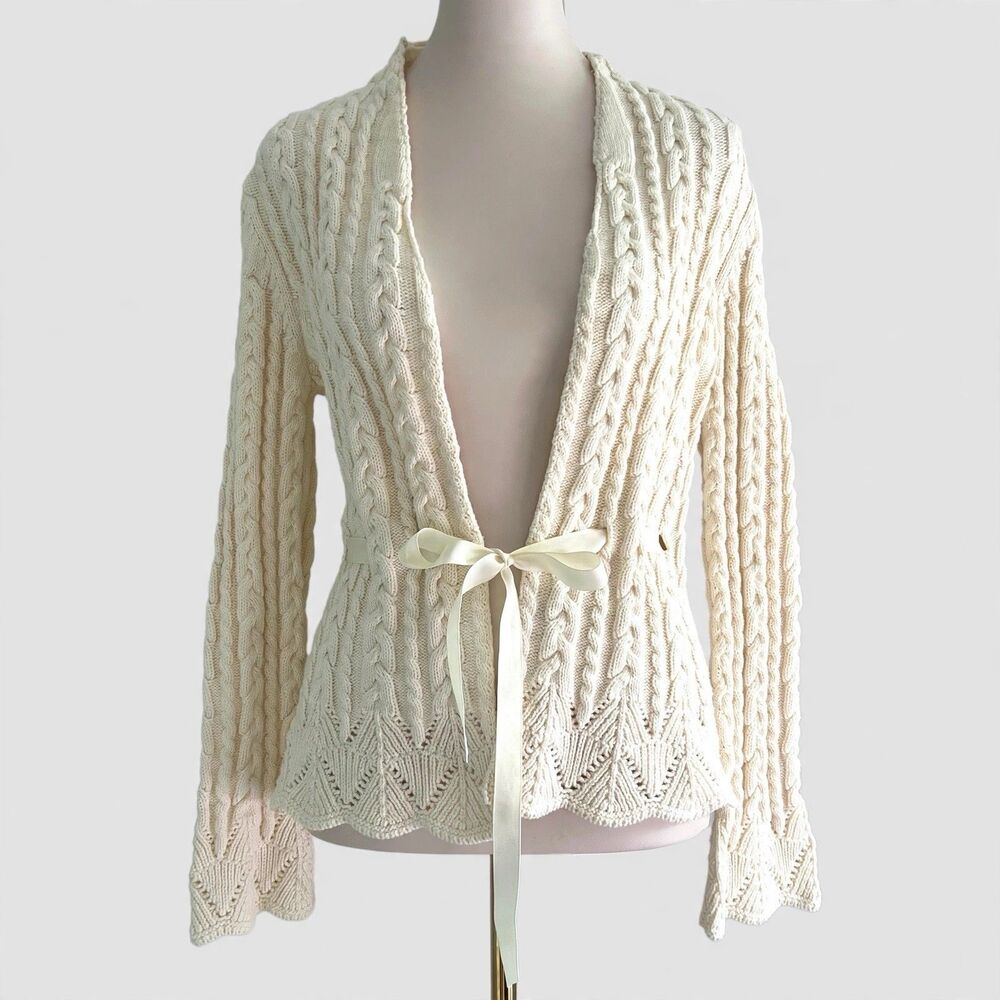 Chaps Beige Ribbon Belt Pointelle Knit Coquette Boho Cardigan Sweater Womens S
